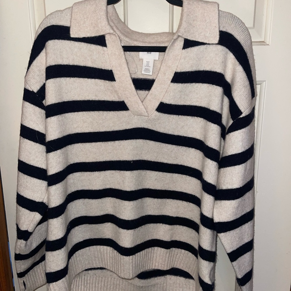 H&M Cream and Black V-Neck Sweater with Nautical Stripes
